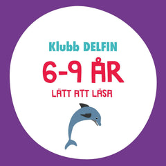 En vit cirkel med text och en illustration av en delfin. Bakgrunden är lila
