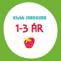 En vit cirkel med text och en illustration av en jordgubbe. Bakgrunden är grön