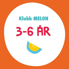 En vit cirkel med text och en illustration av en melonklyfta. Bakgrunden är orange