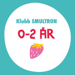 En vit cirkel med text och en illustration av ett smultron. Bakgrunden är blå 