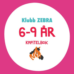 En vit cirkel med text och en illustration av en zebra. Bakgrunden är rosa