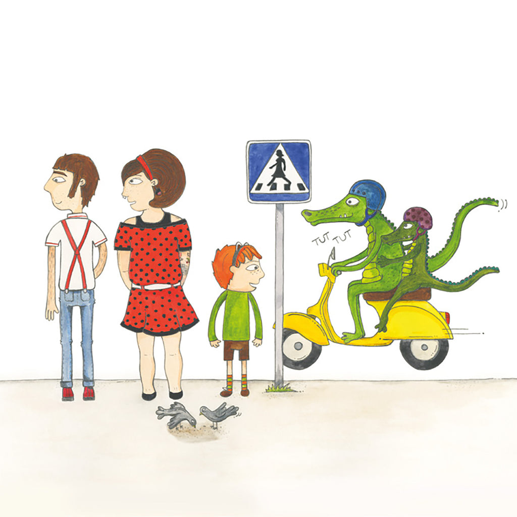 En illustrerad familj och två krokodiler på en vespa i boken Bra bestämt! - Bilderbok 3-6 år - OLIKA förlag - Författare: Anders Alzén - Illustratör: Maria Borgelöv