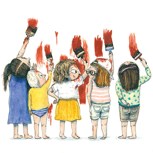 Illustration av 5 barn som målar röd färg med stora penslar på en vägg - Camping & kurragömma - Bilderbok 3-6 år - OLIKA förlag - Författare: Marin Salto Illustratör: Marcus Gunnar Pettersson