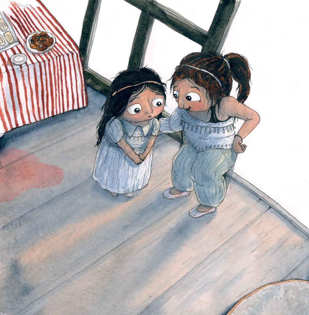 Illustration av två små barn som pratar - Dansbus och kaktrubbel - Bilderbok 3-6 år - OLIKA förlag - Författare: Marin Salto Illustratör: Marcus Gunnar Pettersson