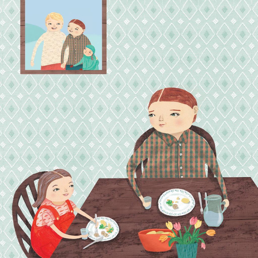 En illustration av ett barn och en förälder som äter vid matbordet tillsammans i boken Där norrskenet dansar - Bilderbok 3-6 år - OLIKA förlag - Författare: Jenny Sjödin - Illustratör: Jenny Sjödin