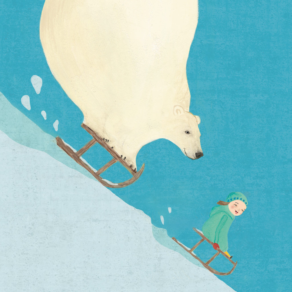 En illustration av en björn och ett barn som åker kälke tillsammans i Där norrskenet dansar - Bilderbok 3-6 år - OLIKA förlag - Författare: Jenny Sjödin - Illustratör: Jenny Sjödin