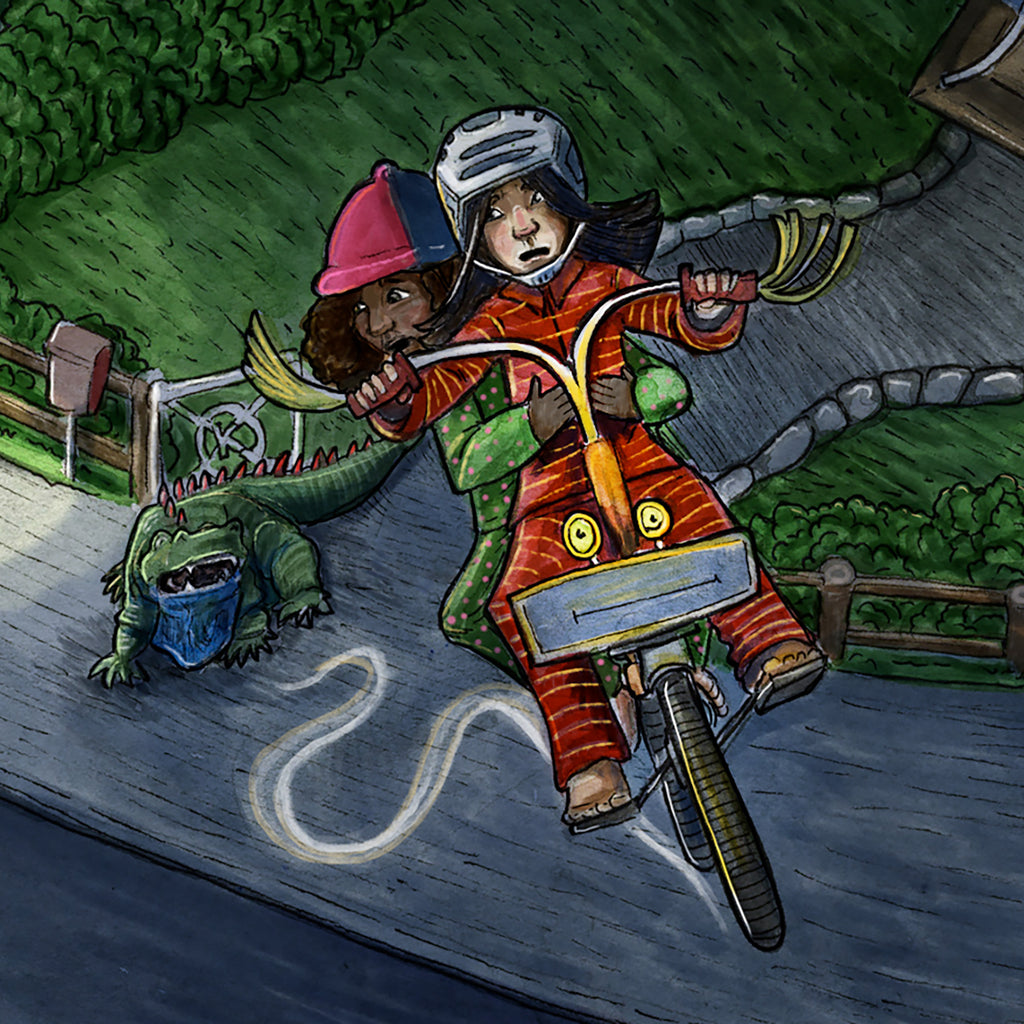 Illustration av två barn som cyklar i mörkret med en reptil bredvid sig i De vilda & den magiska cykeln - 6-9 år - OLIKA förlag - Författare: Cecilia Rihs - Illustratör: Anna Westin