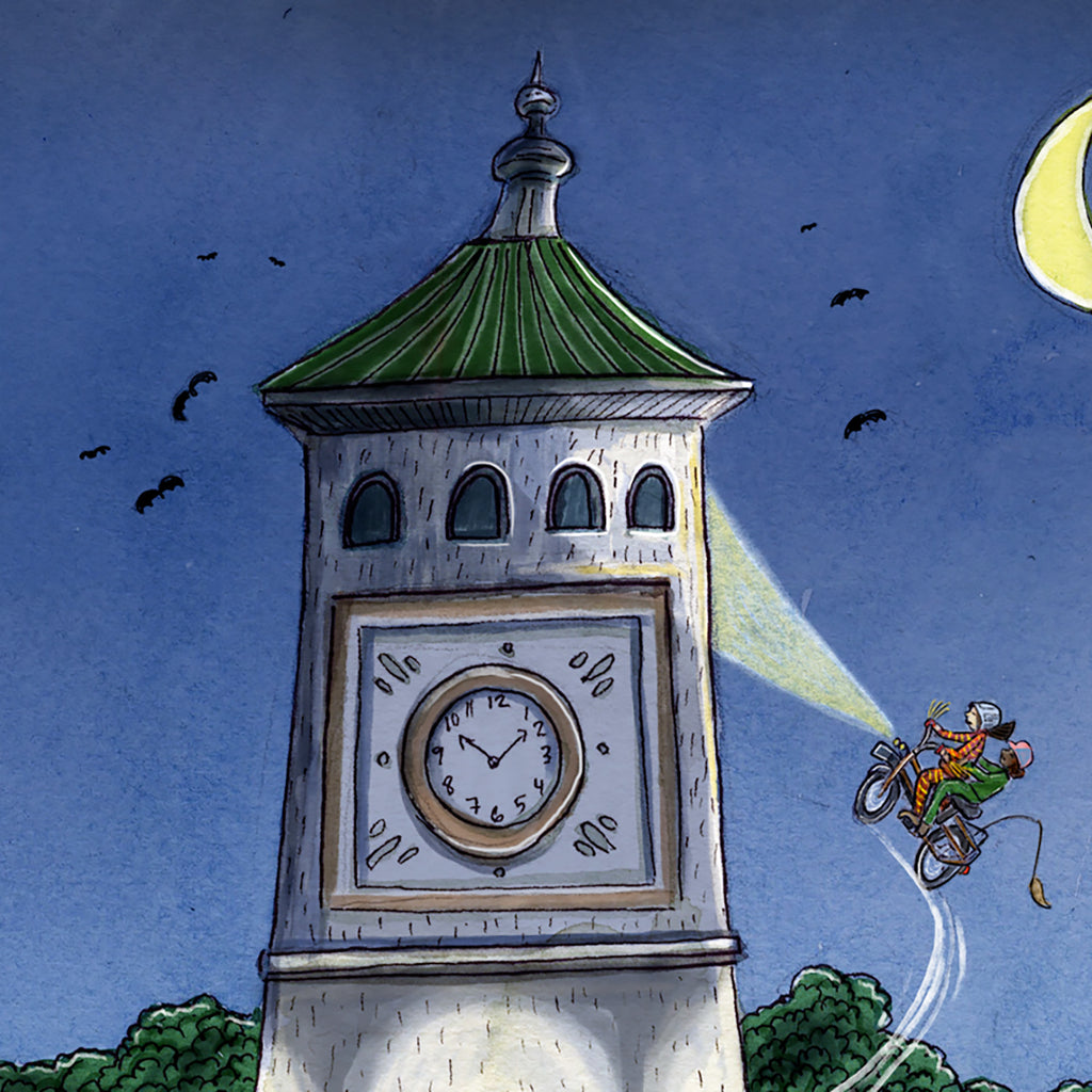 En illustration av ett klocktorn och en flygande cykel från boken De vilda & den magiska cykeln - 6-9 år - OLIKA förlag - Författare: Cecilia Rihs - Illustratör: Anna Westin