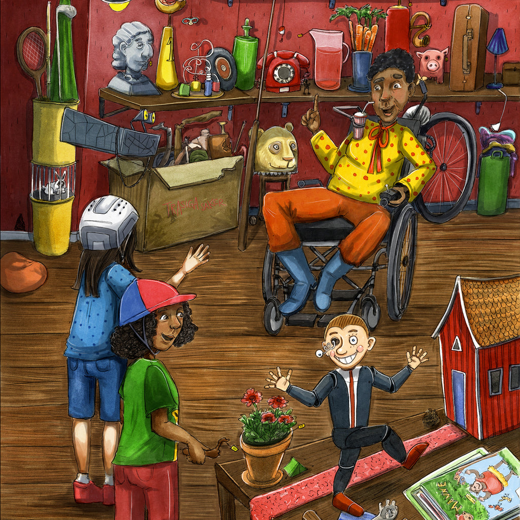 Illustration av två barn och en vuxen i rullstol från boken De vilda & den gåtfulla tjuven - 6-9 år - OLIKA förlag - Författare: Cecilia Rihs - Illustratör: Anna Westin