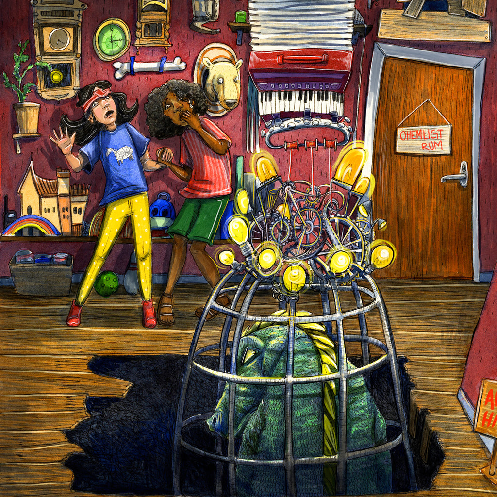 Illustration av två rädda barn framför en tidsmaskin i De vilda & den mystiska tidsmaskinen - 6-9 år - OLIKA förlag - Författare: Cecilia Rihs - Illustratör: Anna Westin