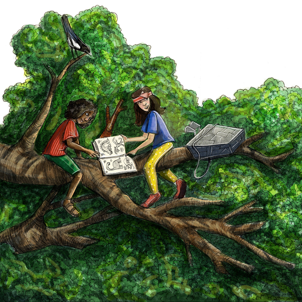 Illustration av två barn som klättrar i trädtillsammans i De vilda & den mystiska tidsmaskinen - 6-9 år - OLIKA förlag - Författare: Cecilia Rihs - Illustratör: Anna Westin