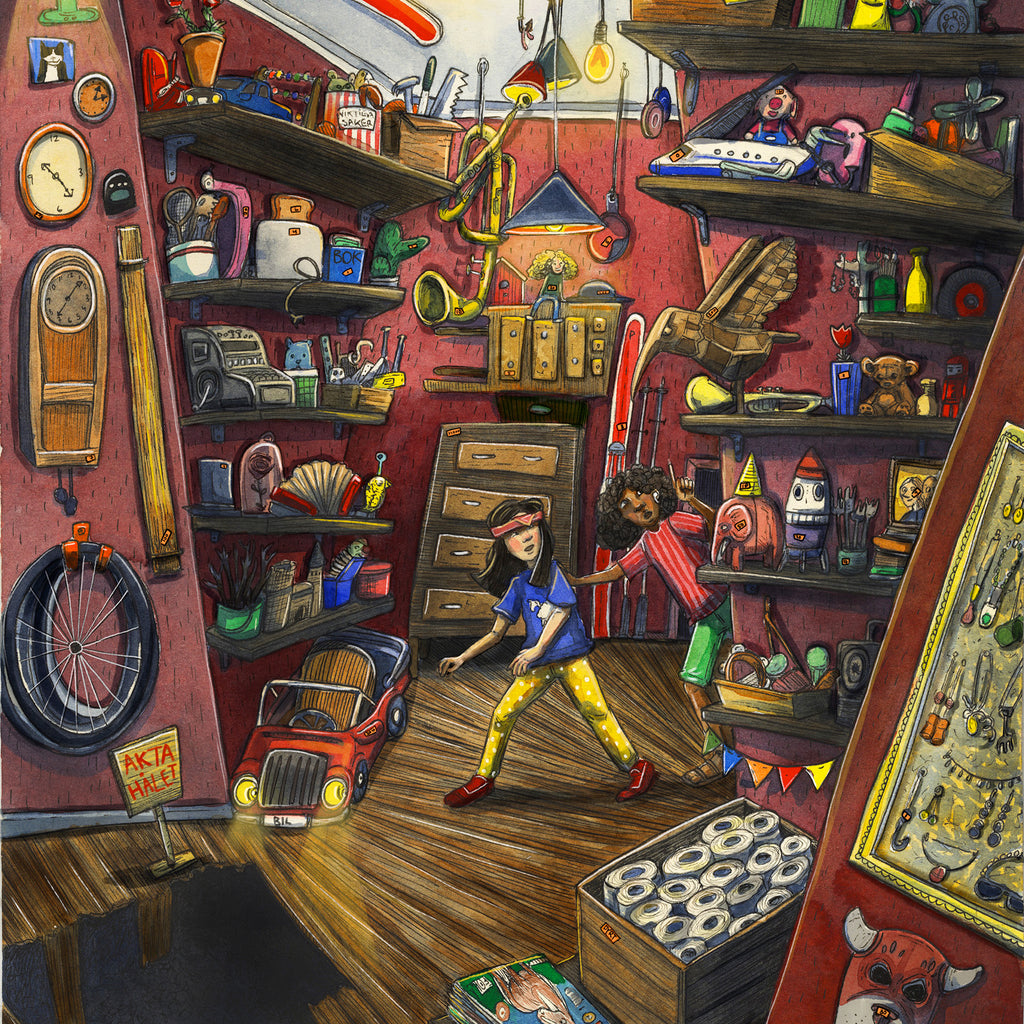 Två illustrerade barn som vandrar runt tillsammans i ett rörigt rum i boken De vilda & den mystiska tidsmaskinen - 6-9 år - OLIKA förlag - Författare: Cecilia Rihs - Illustratör: Anna Westin