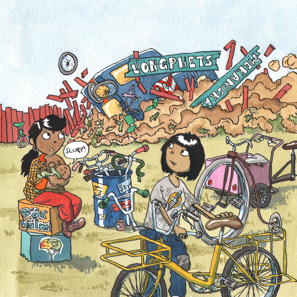 En illustration av en vuxen vid en cykel och en ammande person som befinner sig utomhus i boken Familjejakten - Bilderbok 3-6 år - OLIKA förlag - Författare: Jesper Lundqvist Illustratör: Daniel Sjö