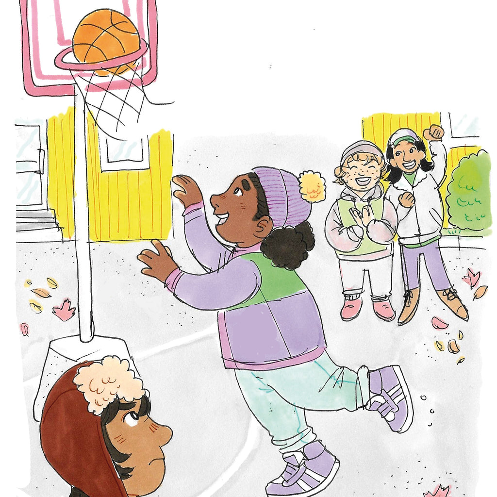 Illustration av lekande barn som spelar basket i Hokus pokus: Far och flyg - Lättläst 6-9 år - OLIKA förlag - Författare: Karin Frimodig och Sara Berg - Illustratör: Hanna Böhm