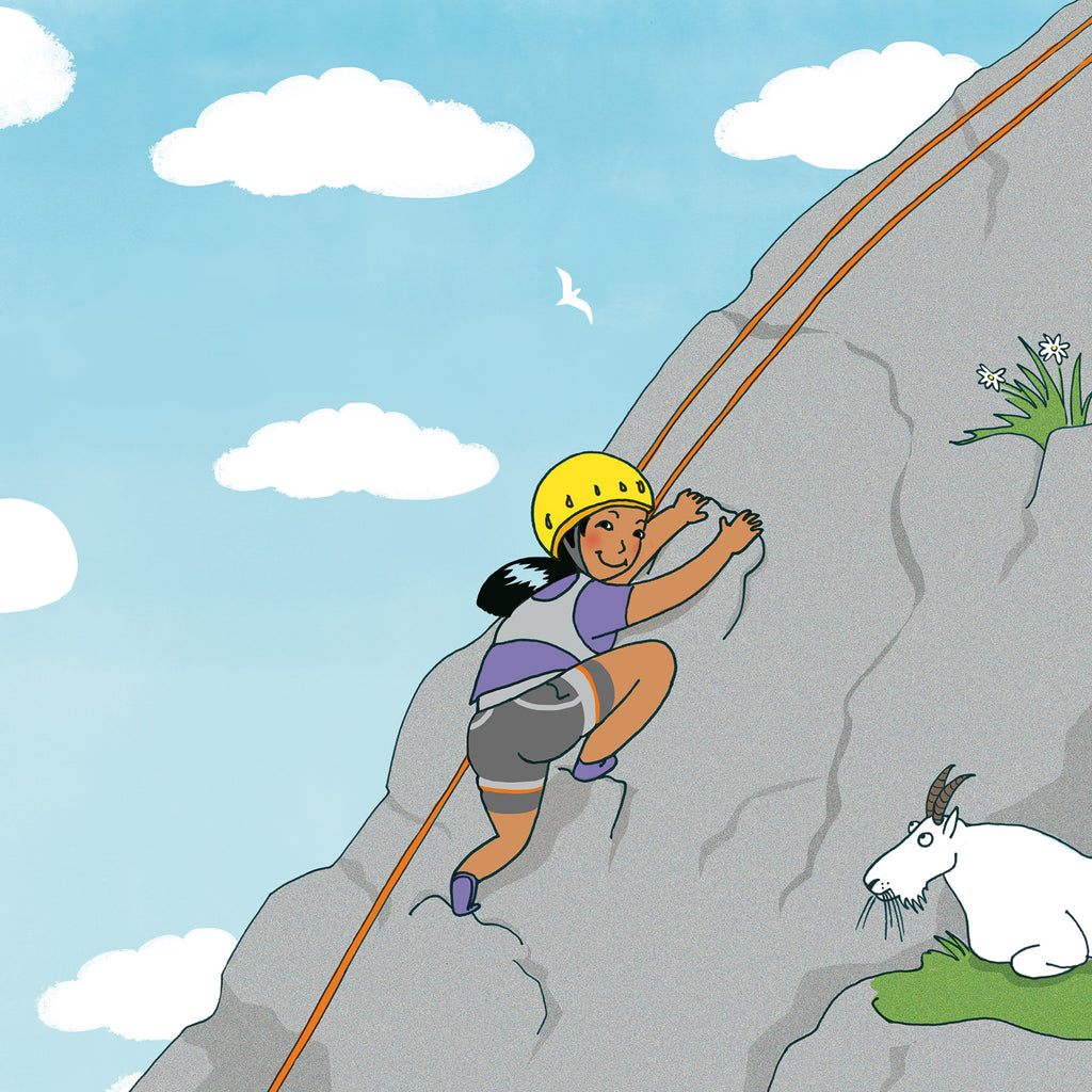 Illustration av en tjej som klättrar i bergen bredvid en bergsget i boken Fyndiga uttryckens ABC - Bilderbok 3-6 år - OLIKA - Författare: Mia Kim - Illustratör: Karin Holmström
