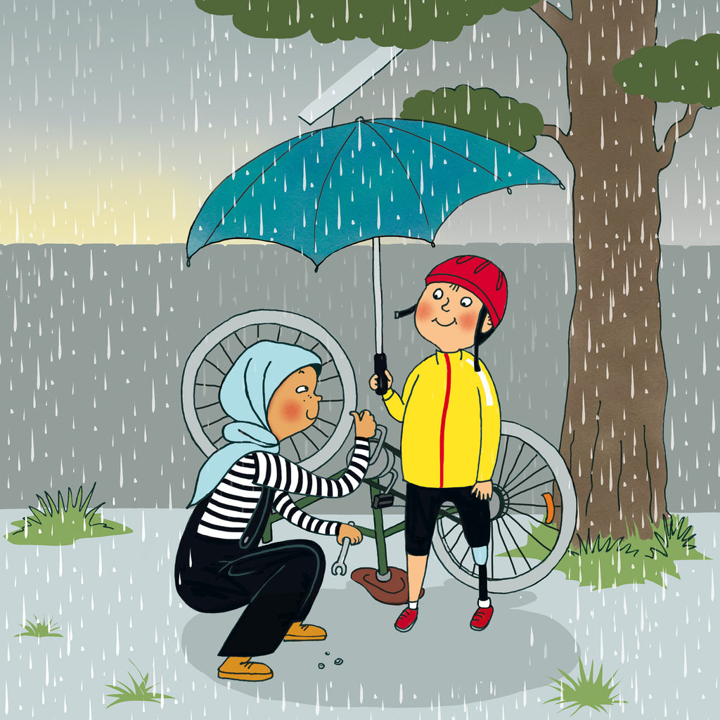 Illustration av två barn som leker i regnet i boken Fyndiga uttryckens ABC - Bilderbok 3-6 år - OLIKA - Författare: Mia Kim - Illustratör: Karin Holmström