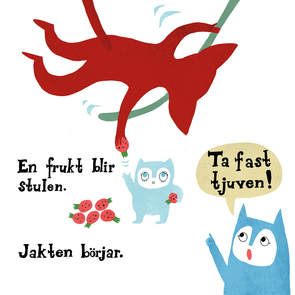 En illustration av tre djur och ett brott i Jakten - Bilderbok 1-3 år - OLIKA förlag - Författare: Sanna Borell - Illustratör: Sanna Borell