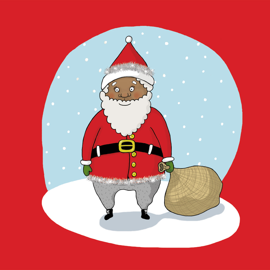 Illustration av en svart jultomte från boken JUL - Pekbok 0-2 år - OLIKA förlag - Författare: Marin Salto - Illustratör: Maja-Stina Andersson