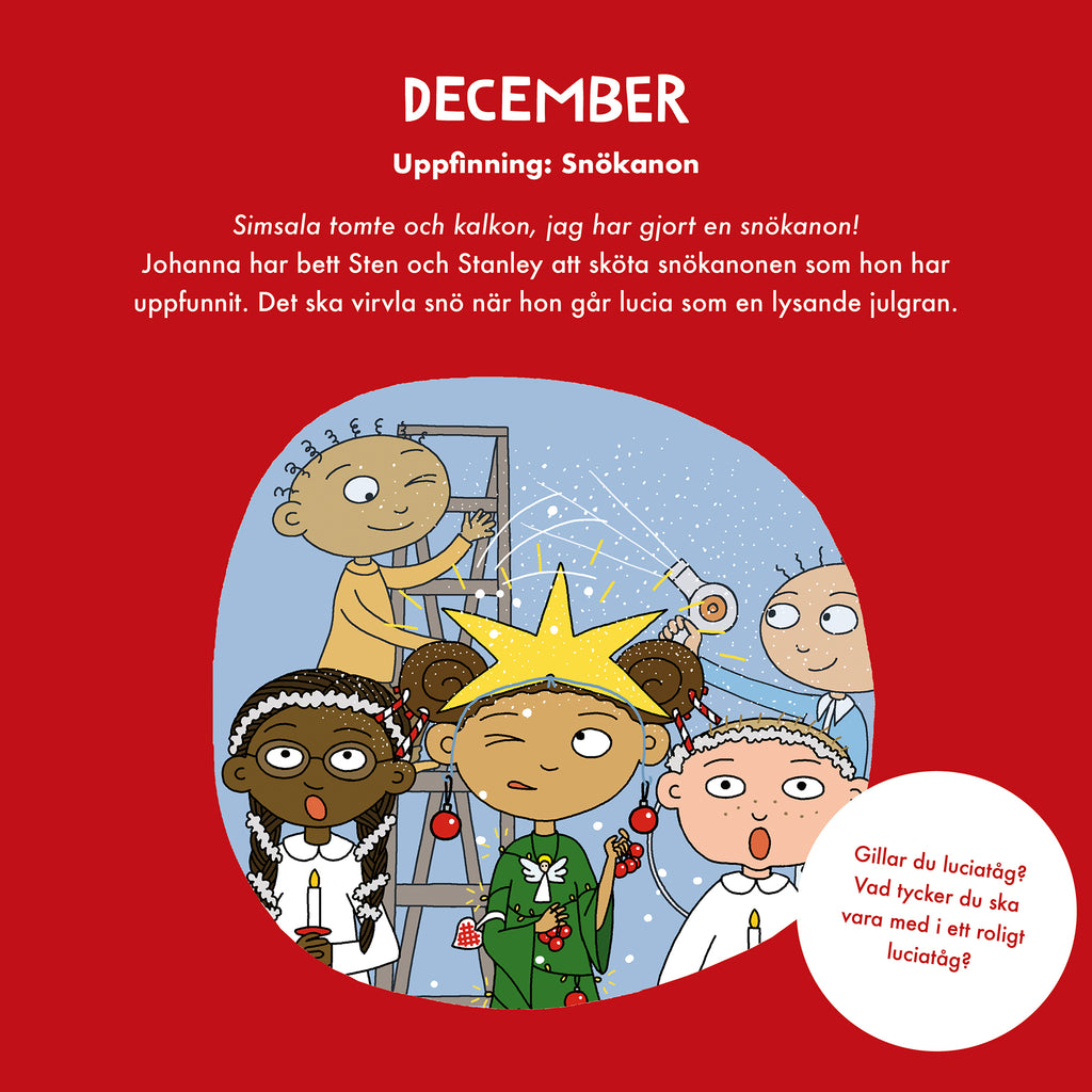Illustration för december - Kalender 2023 UppfinnarJohanna - OLIKA förlag - Författare: Ann-Christine Magnusson - Illustratör: Lovisa Lesse