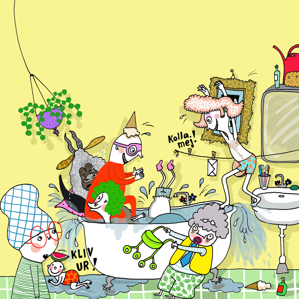 Illustration av en badande familj i Kivi & drakbrakaren.