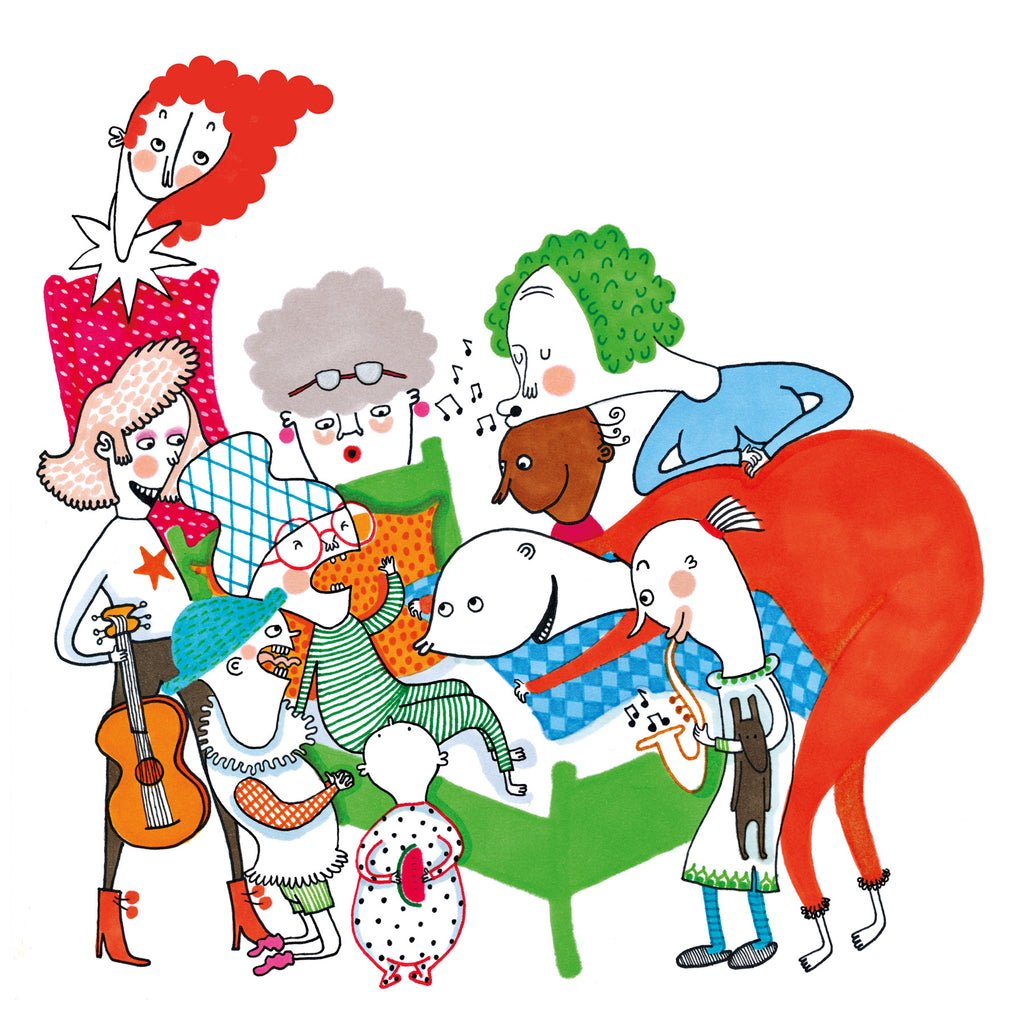 En illustration av en glad familj i Kivi & monsterhund - Bilderbok 3-6 år - OLIKA förlag - Författare: Jesper Lundqvist - Illustratör: Bettina Johansson