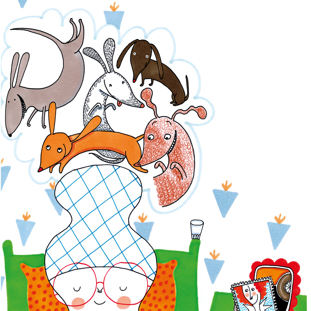 En illustrerad tankebubbla över olika sorters hundar i boken Kivi & monsterhund - Bilderbok 3-6 år - OLIKA förlag - Författare: Jesper Lundqvist - Illustratör: Bettina Johansson