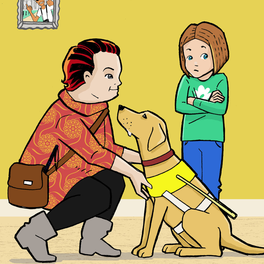 Illustration av en vuxen och ett barn och en ledarhund i Klara Ek & hunden som inte var en hamster -  Barnen i Lyckeskolan - Lättläst 6-9 år  - OLIKA förlag - Författare: Ebba Berg - Illustratör: Carl Flint
