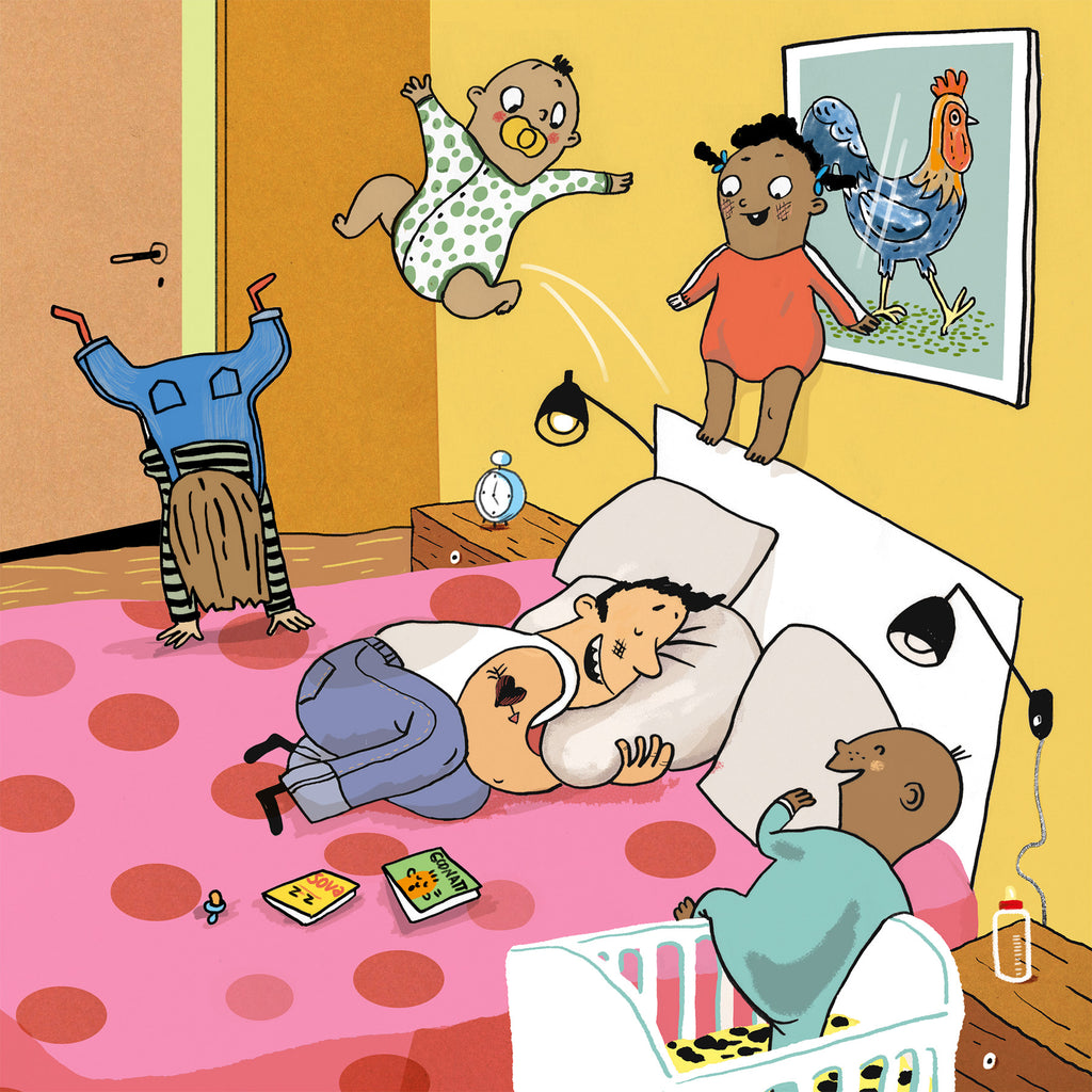 Illustration av en sovande vuxen och fyra lekande småbarn i Kluriga ordens ABC - Bilderbok 3-6 år - OLIKA förlag - Författare: Mia Kim Illustratör: Maria Källström