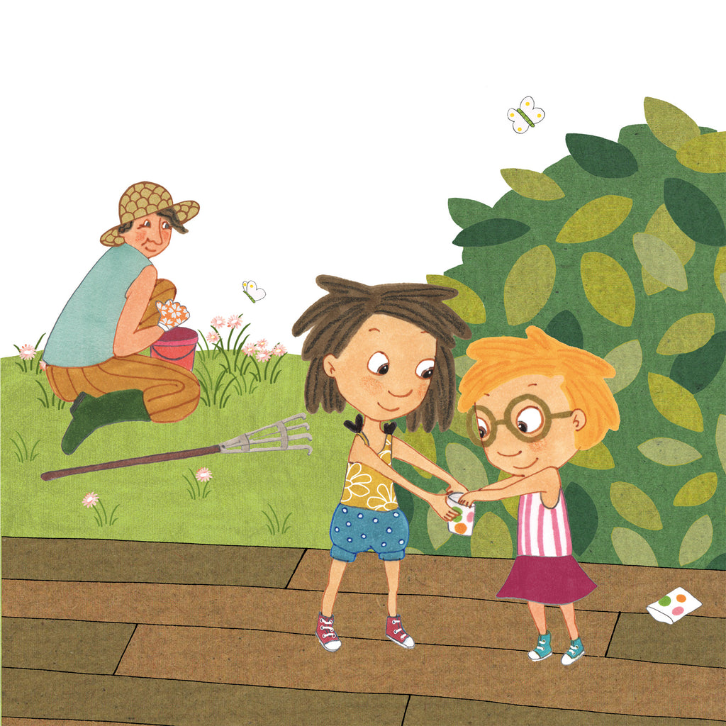 En illustration av en äldre vuxen och två barn i trädgården i boken Konrad och karamellerna – Bilderbok 1-3 år - OLIKA förlag - Författare: Åsa Mendel-Hartvig - Illustratör: Caroline Röstlund