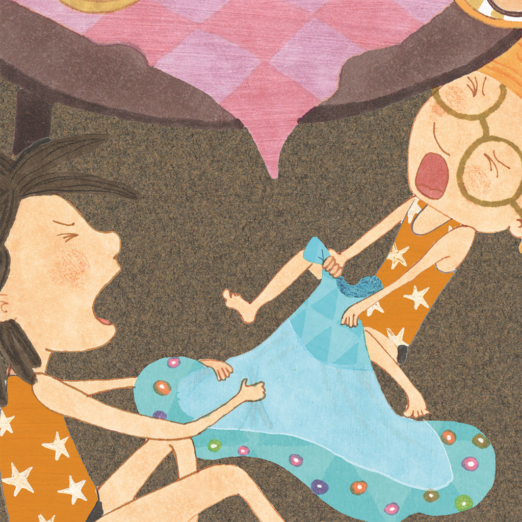 En illustration av två syskon som bråkar om en klänning i boken Konrads klänning - Bilderbok 1-3 år - OLIKA förlag - Författare: Åsa Mendel-Hartvig - Illustratör: Caroline Röstlund