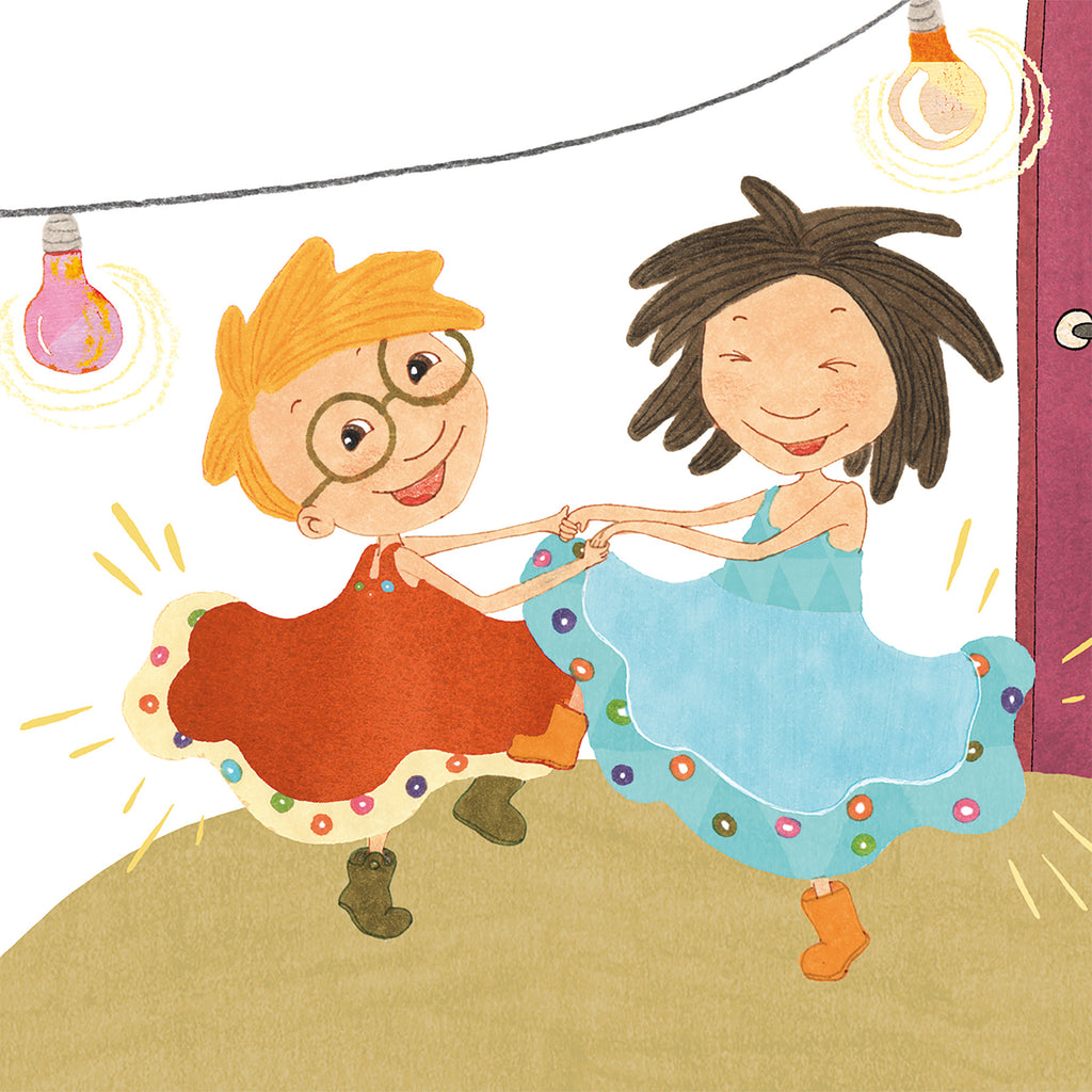 Två illustrerade syskon som dansar med varandra i varsin klänning i boken Konrads klänning - Bilderbok 1-3 år - OLIKA förlag - Författare: Åsa Mendel-Hartvig - Illustratör: Caroline Röstlund