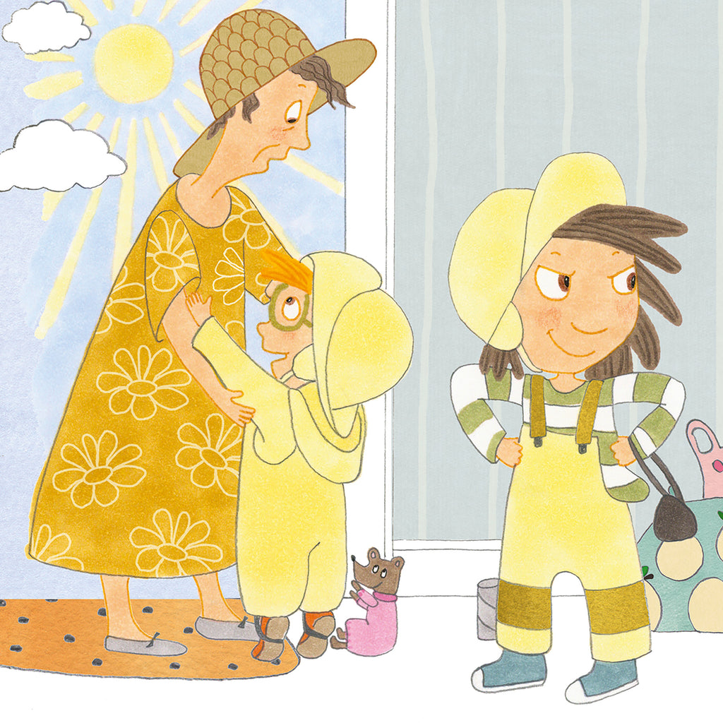 Två illustrerade barn och en vuxen i boken Konrad klär på sig – Bilderbok 1-3 år - OLIKA förlag - Författare: Åsa Mendel-Hartvig - Illustratör: Caroline Röstlund