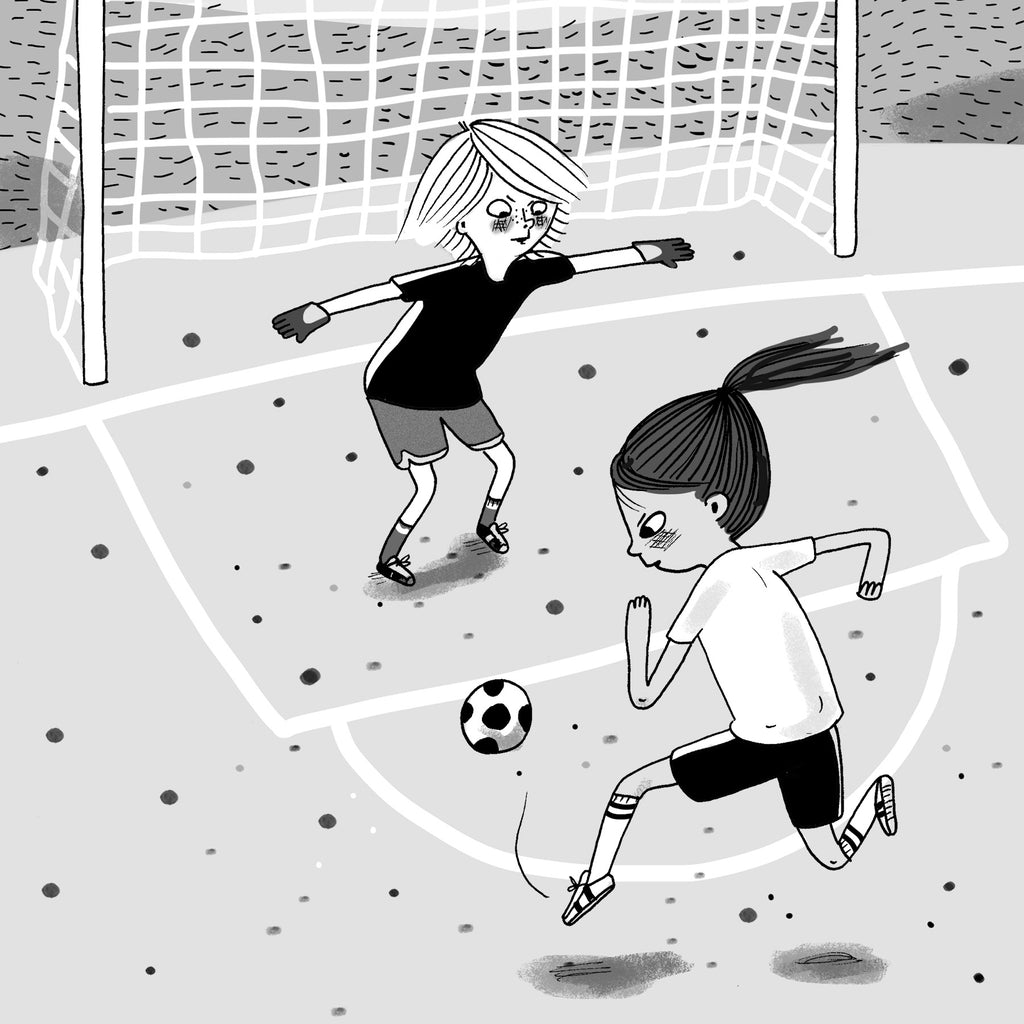 Svartvit illustration av två personer som spelar fotboll i Passa bollen! ropar Kosse - Inspirerad av fotbollsstjärnan Kosovare Asllanis barndom - Kapitelbok 6-9 år - OLIKA förlag - Författare: Anja Gatu Illustratör: Maria Källström