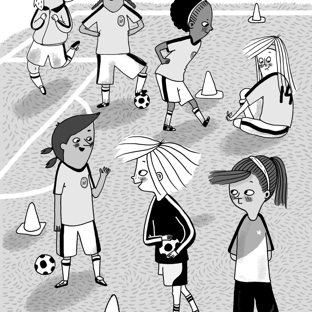 Svartvit illustration av ett fotbollslag i Värsta målet, Kosse! - Baserad på Kosovare Asllanis barndom - Kapitelbok 6-9 år - OLIKA förlag - Författare: Anja Gatu - Illustratör: Maria Källström