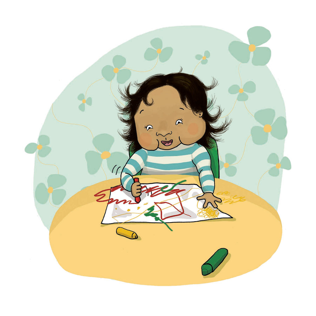 Illustration av ett ritande barn i boken Leka inne - Pekbok 0-2 år - OLIKA förlag - Författare: Marin Salto - Illustratör: Maja-Stina Andersson