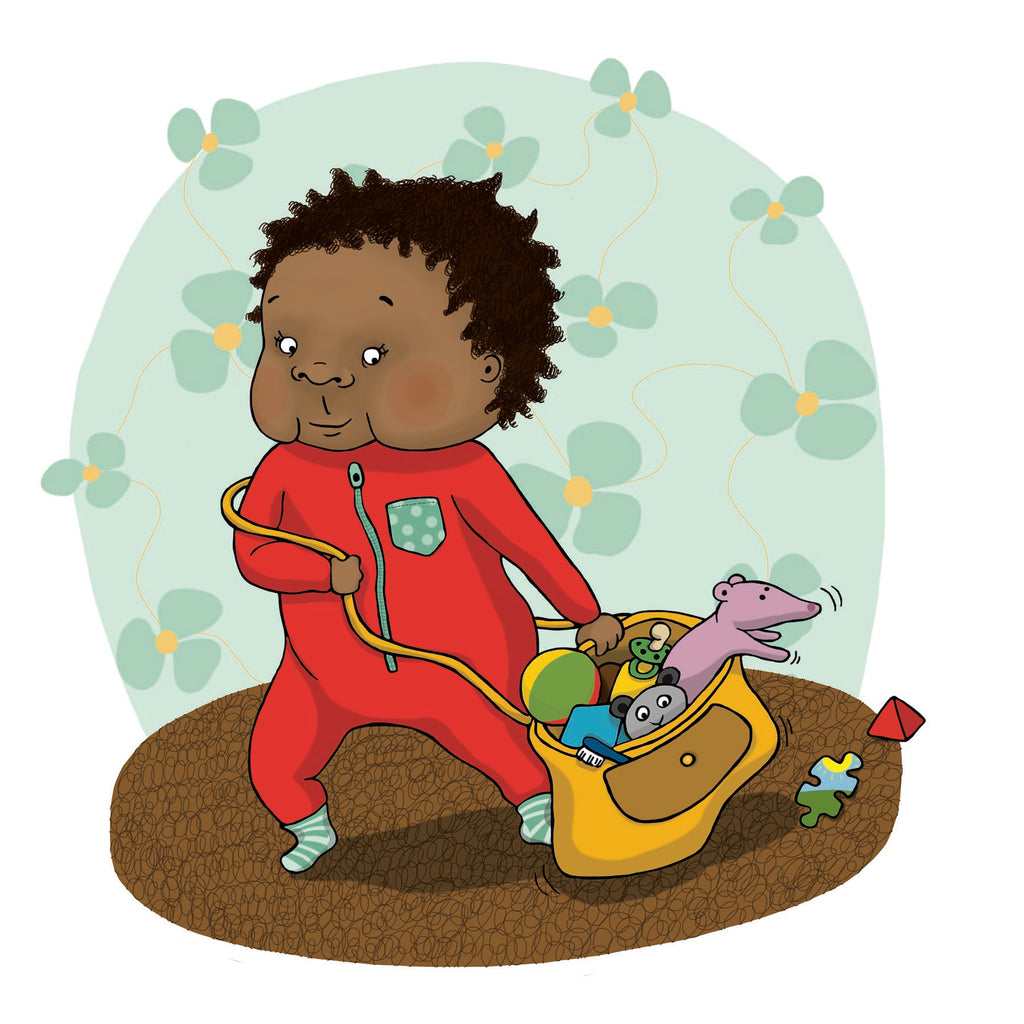 Illustration av ett lekande barn i Leka inne - Pekbok 0-2 år - OLIKA förlag - Författare: Marin Salto - Illustratör: Maja-Stina Andersson