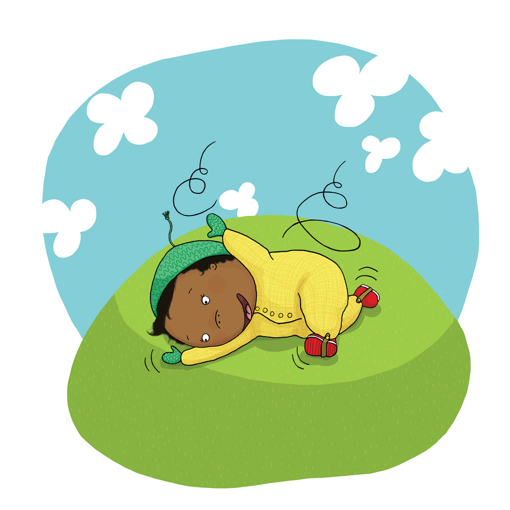En illustration av ett barn som rullar runt på gräsmattan i boken Leka ute - Pekbok 0-2 år - OLIKA förlag - Författare: Marin Salto - Illustratör: Maja-Stina Andersson