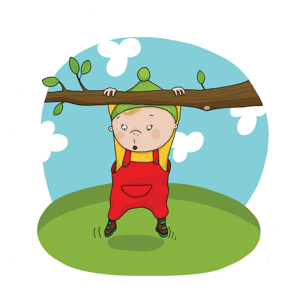 En illustration av ett barn som hänger från en gren i boken Leka ute - Pekbok 0-2 år - OLIKA förlag - Författare: Marin Salto - Illustratör: Maja-Stina Andersson