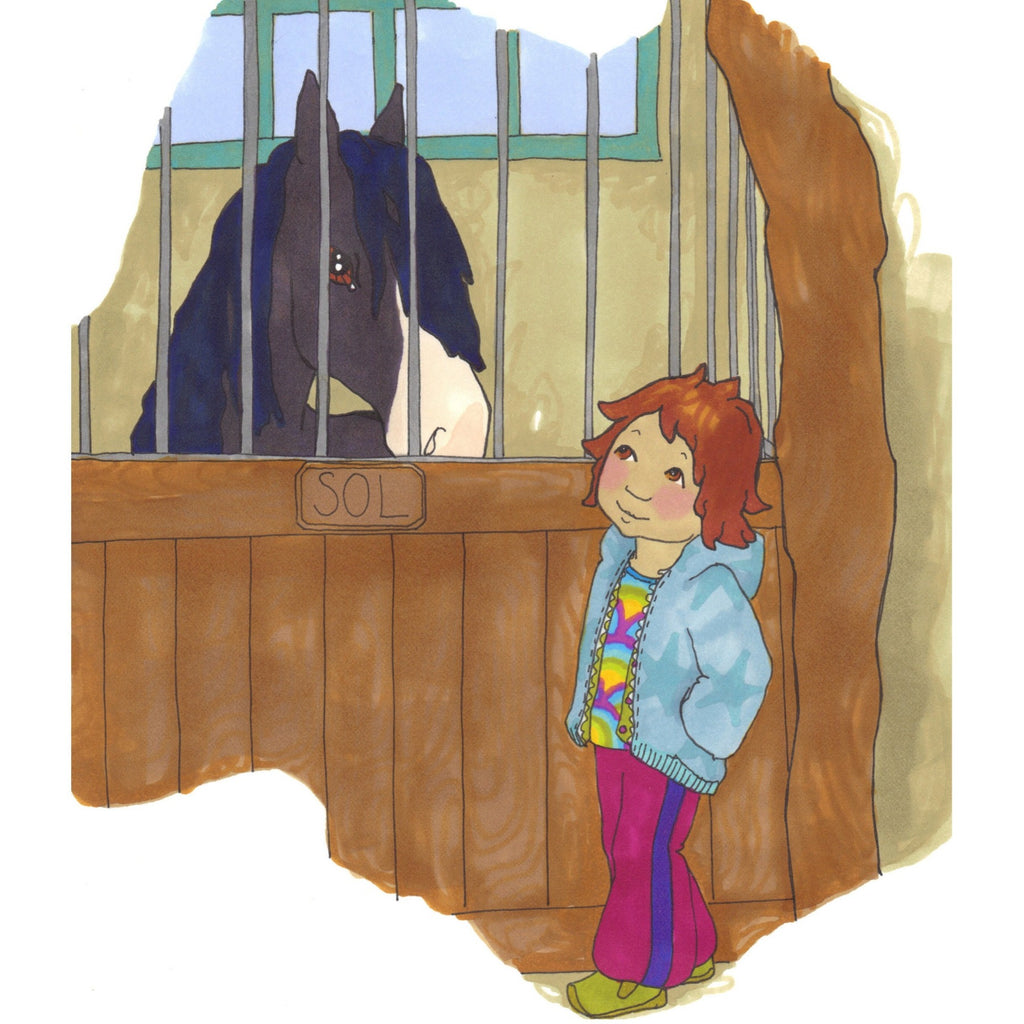En illustration med Malva som tittar på en häst i en box - Malva i stallet - Lättläst bok 6-9 år - OLIKA förlag - Författare: Malin Eriksson - Illustratör: Lisa Säfve Chantem 