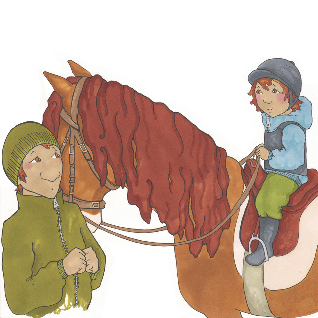 En illustration med Malva som sitter på en häst och en vuxen bredvid - Malva börjar rida - Lättläst bok 6-9 år - OLIKA förlag - Författare: Malin Eriksson - Illustratör: Lisa Säfve
