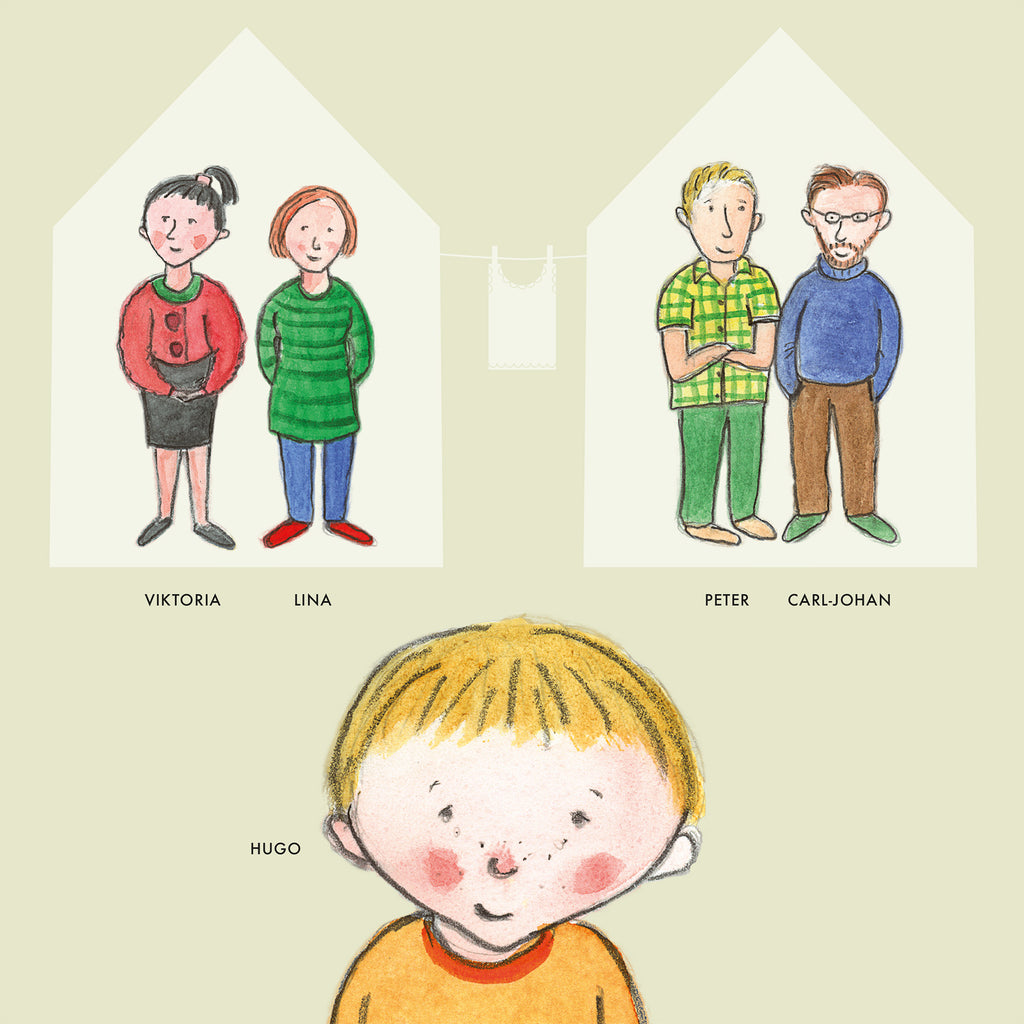 Illustration av en blandad familj i boken Min familj - Bilderbok 3-6 år - OLIKA förlag - Författare: Anna-Clara Tidholm Illustratör: Anna-Clara Tidholm