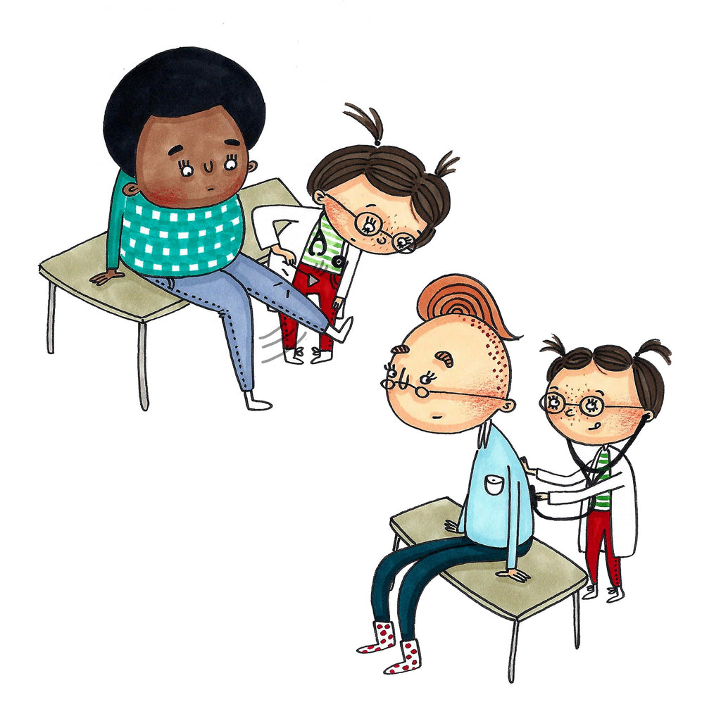 Illustration av ett barn som leker doktor med två vuxna i boken Mix jobbar - Bilderbok 1-3 år - OLIKA förlag - Författare: Malin Lilja - Illustratör: Matilda Salmén