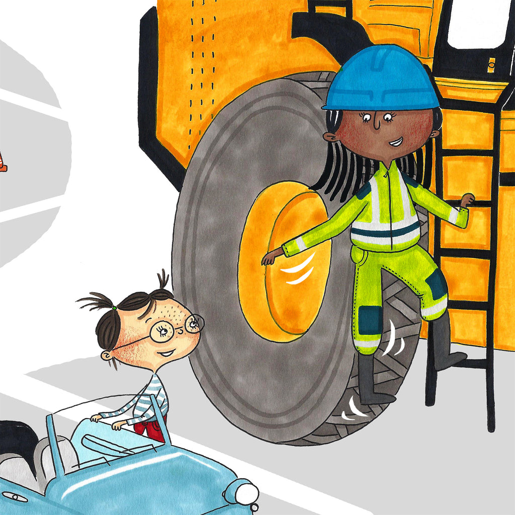Illustration av en vuxen och ett barn bredvid varsitt fordon i Mix kör - Bilderbok 1-3 år - OLIKA förlag - Författare: Malin Lilja - Illustratör: Matilda Salmén