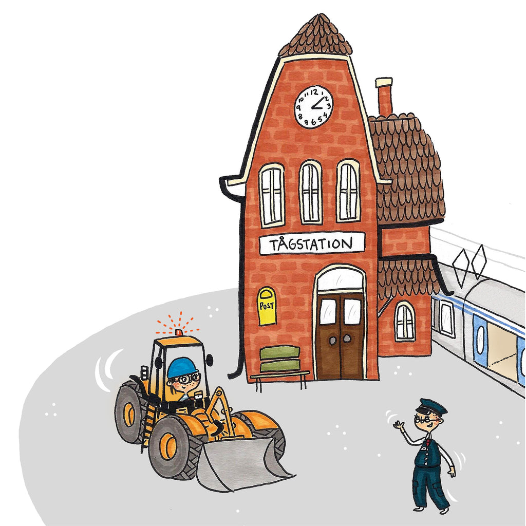 En illustrerad tågstation och två personer i Mix kör - Bilderbok 1-3 år - OLIKA förlag - Författare: Malin Lilja - Illustratör: Matilda Salmén
