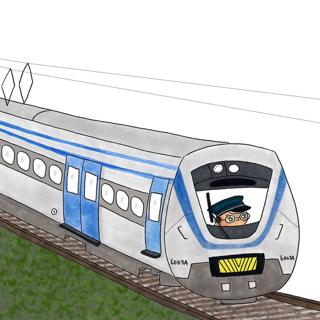 Ett illustrerat tåg med ett barn som lokförare i Mix kör - Bilderbok 1-3 år - OLIKA förlag - Författare: Malin Lilja - Illustratör: Matilda Salmén