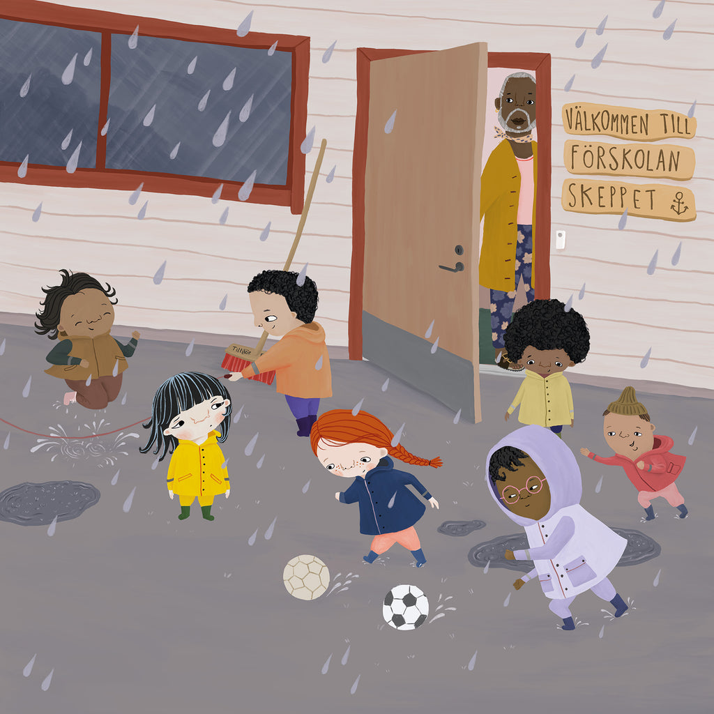 Illustration av en förskolegrupp som leker i regnet i boken När vi leker - Bilderbok 1-3 år - OLIKA förlag - Författare: Anna Lundgren - Illustratör: Mia Olofsson