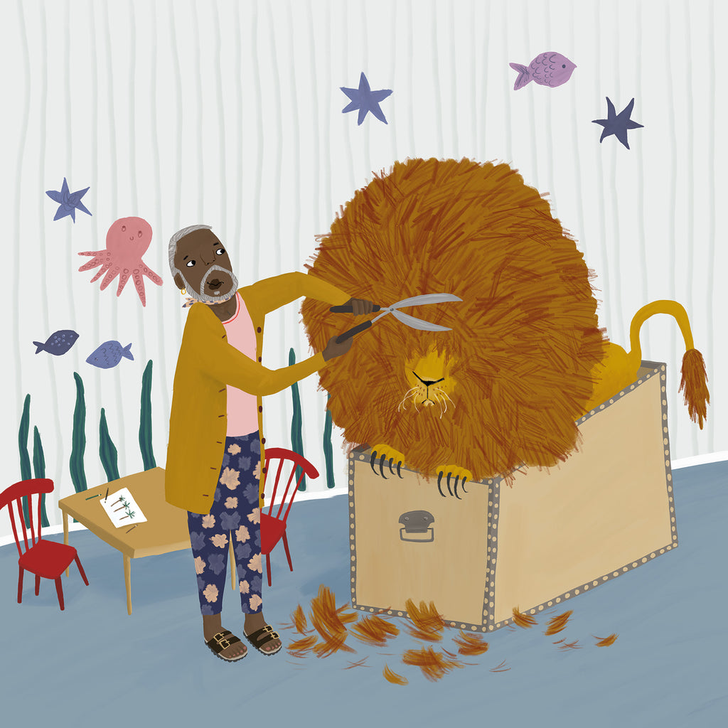 Illustration av en vuxen som klipper manen på ett lejon i När vi leker - Bilderbok 1-3 år - OLIKA förlag - Författare: Anna Lundgren - Illustratör: Mia Olofsson