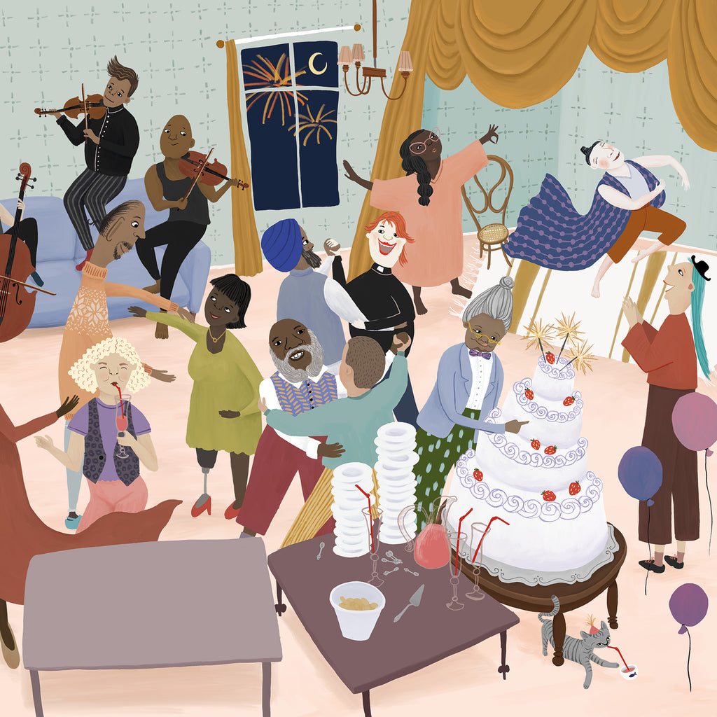 En illustration av en stor social tillställning i När vi sover - Bilderbok 1-3 år - OLIKA förlag - Författare: Anna Lundgren - Illustratör: Mia Olofsson