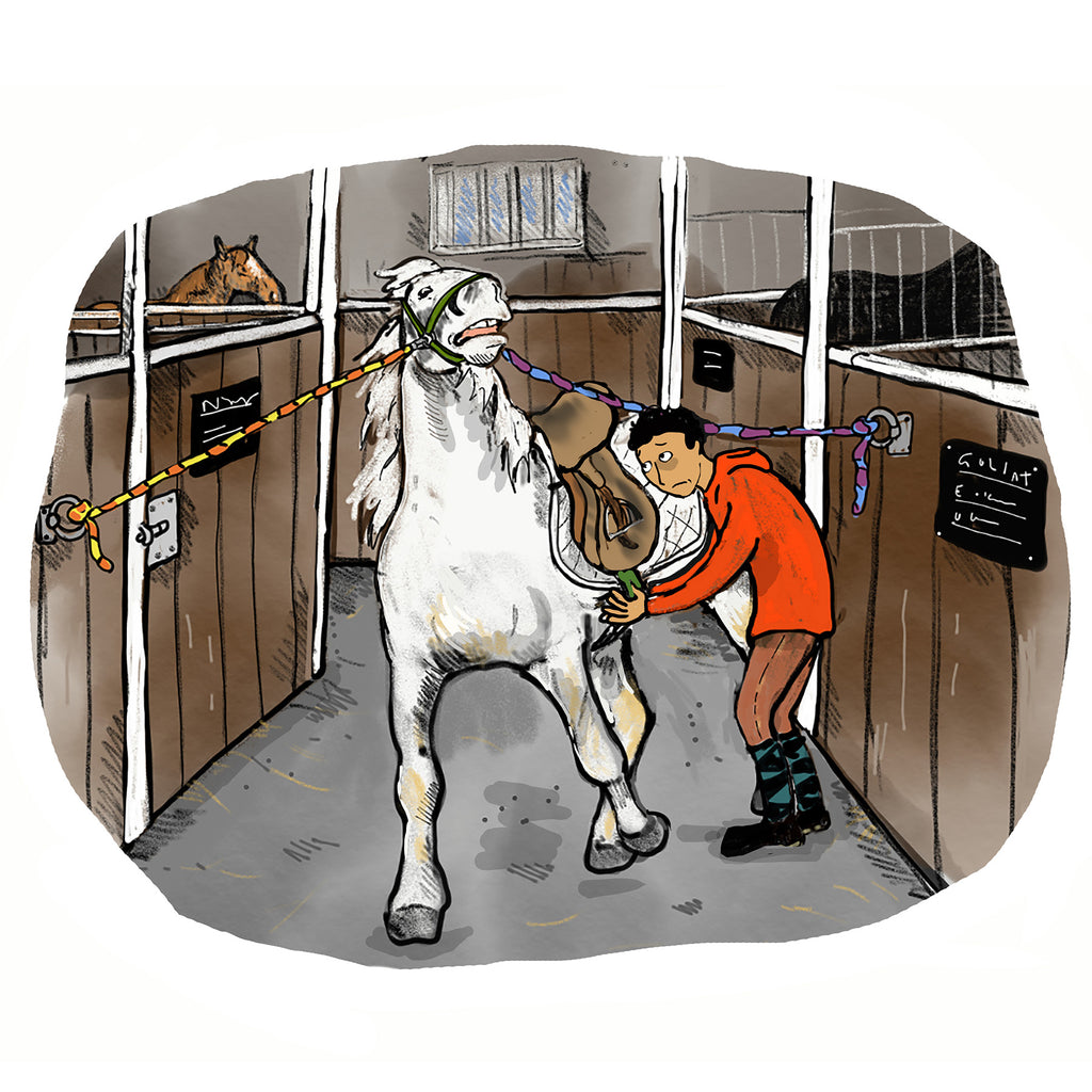 Illustration av en häst och en person i stallet i Över hindret, Goliat! - Kapitelbok 6-9 år - OLIKA förlag - Författare: Jenny Granberg Ahlmark - Illustratör: Clara Lindegren