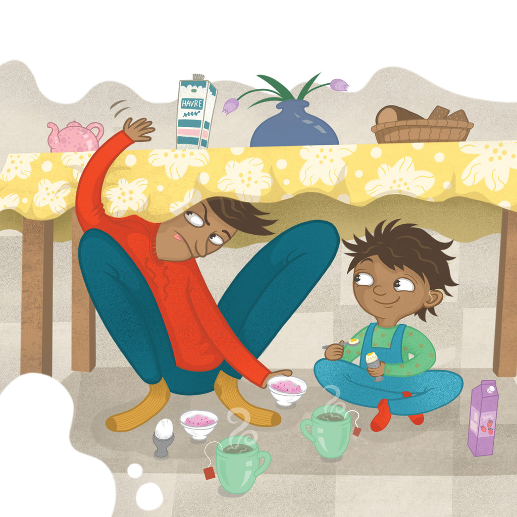 Illustration med två syskon som sitter under köksbordet och äter frukost - På rymmen - Bilderbok 1-3 år - OLIKA förlag - Författare: Jonna Kilstam - Illustratör: Johanna Arpiainen
